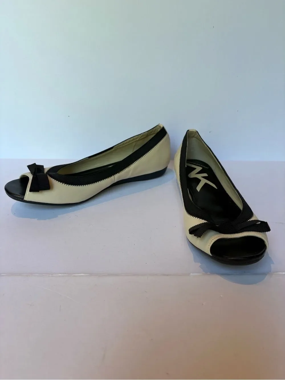 Anne Klein Sport Women's Two-Tone Black and Cream Peep-Toe Ballet Flats 9 1/2M